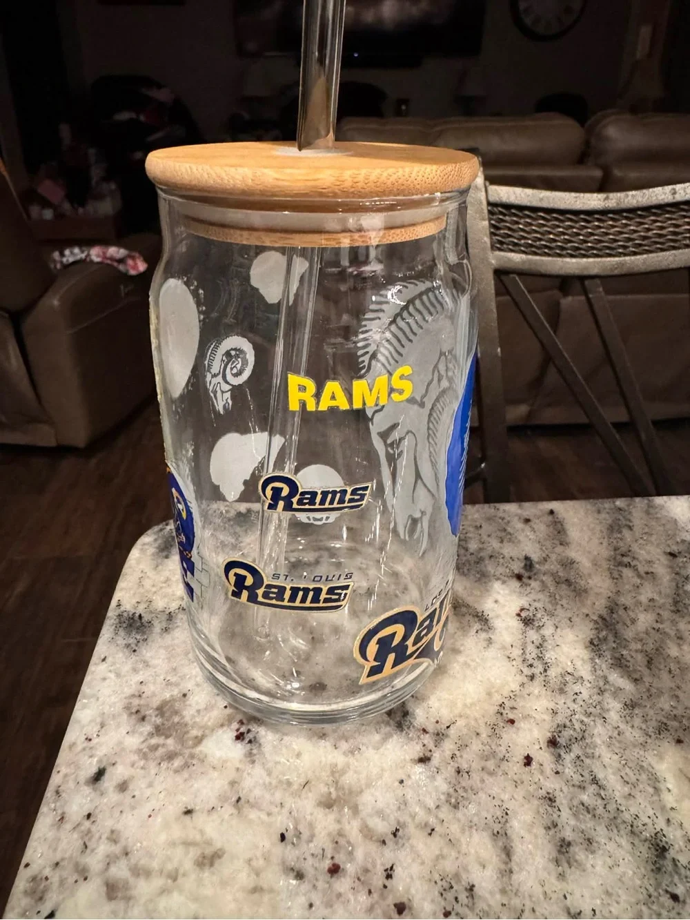 St. Louis Rams Glass Jar with Bamboo Lid - Clear with Yellow & Blue Logos